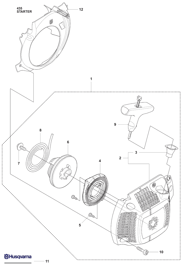 Starter Diagram and Parts List for 435 2009-02 Husqvarna Chainsaw