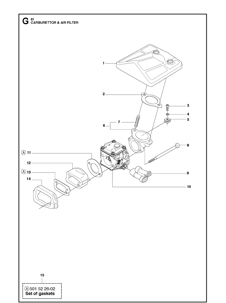 Carburetor And Air Filter Diagram and Parts List for 61  Husqvarna Chainsaw