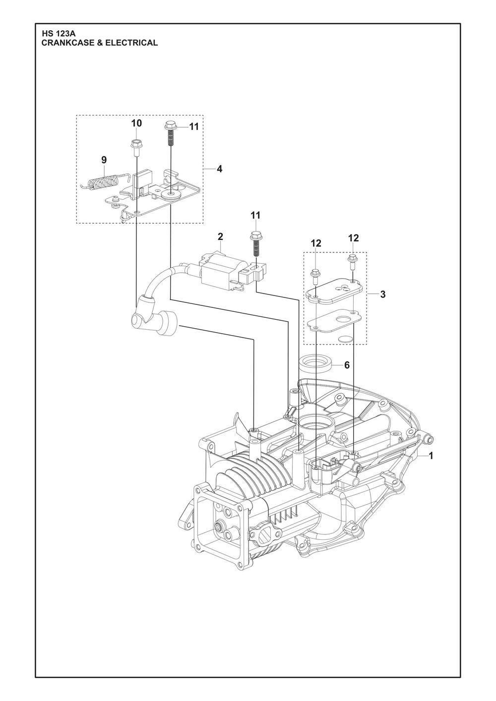 Crankcase And Electrical Diagram and Parts List for HS123A  Husqvarna Engine