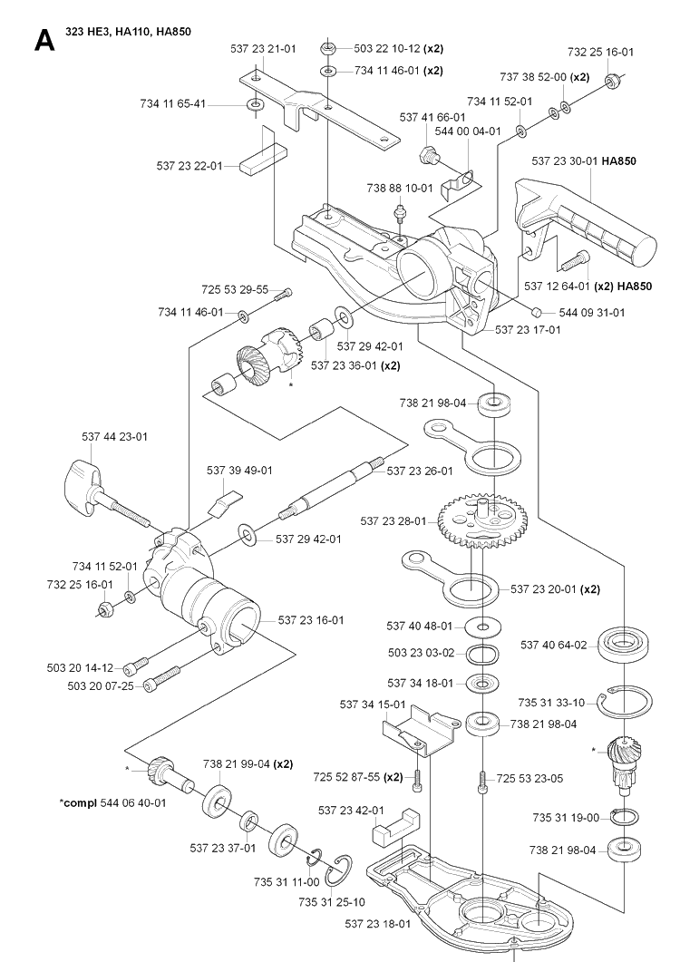 Gear Housing Diagram and Parts List for 323HE3 20070100001-20090900000 Husqvarna Hedge Trimmer