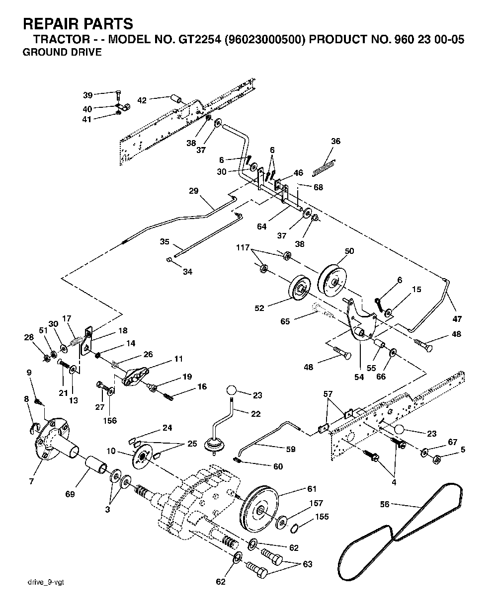 Drive Diagram and Parts List for GT2254 (96023000500)(2005-05) Husqvarna Lawn Tractor