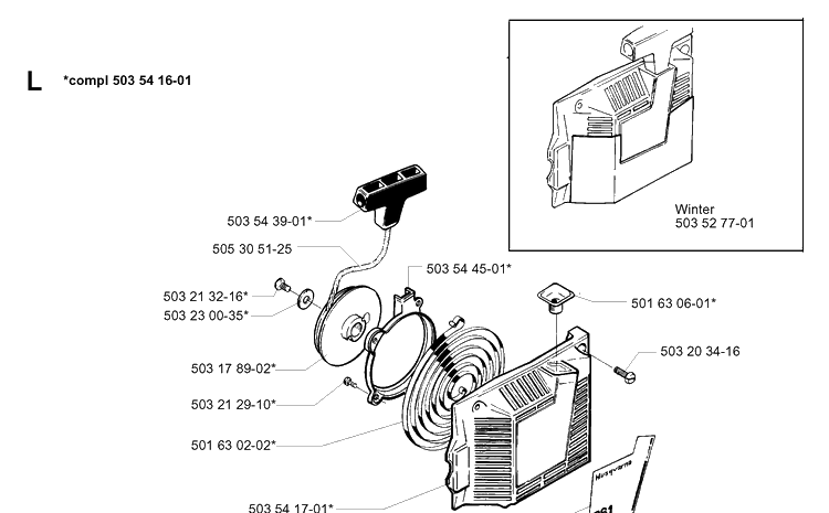 Starter Diagram and Parts List for 261 19981000001-19992399999 Husqvarna Chainsaw