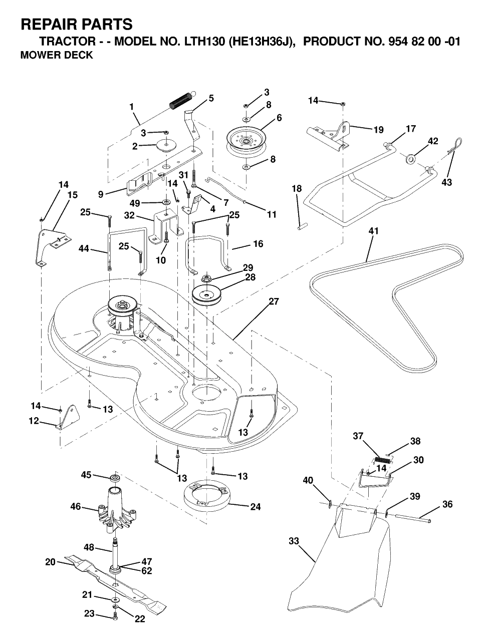 Mower Deck / Cutting Deck Diagram and Parts List for LTH130 (954820001-J)(2000-03) Husqvarna Lawn Tractor