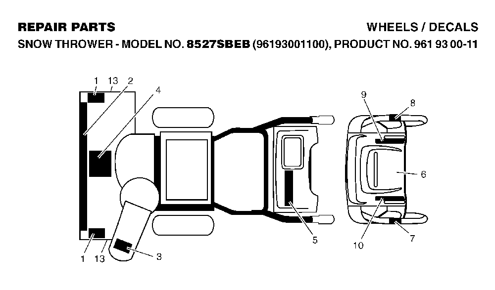 Decals Diagram and Parts List for 8527SBEB (96193001100, 961930011)(2005-12) Husqvarna Snow Blower