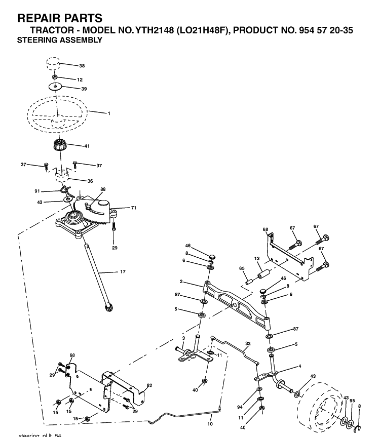 Steering Diagram and Parts List for YTH2148-LO21H48F 2004-03 Husqvarna Lawn Tractor