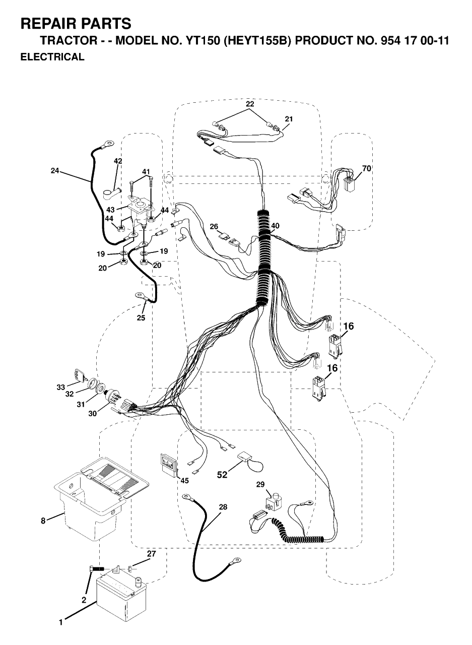 Electrical Diagram and Parts List for YT150 (954170011-B)(1998-12) Husqvarna Lawn Tractor