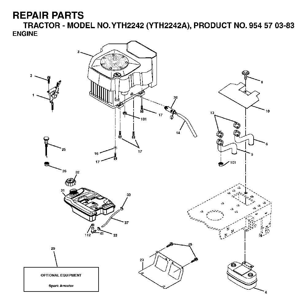Engine Diagram and Parts List for YTH2242A (954570383)(2003-01) Husqvarna Lawn Tractor
