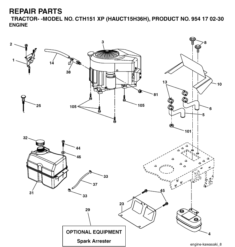 Engine Diagram and Parts List for CTH151XP (HAUCT15H36H)(2005-05) Husqvarna Lawn Tractor