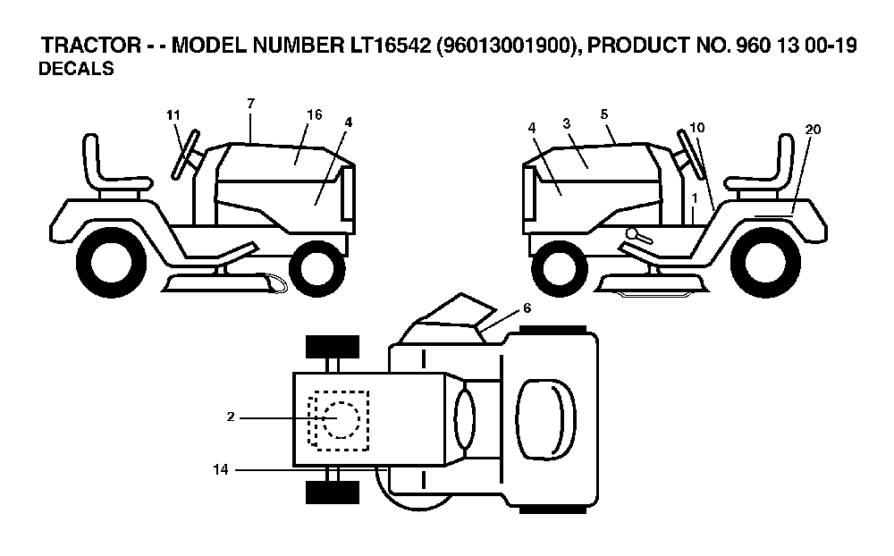 Decals Diagram and Parts List for LT16542 (96013001900)(2006-02) Husqvarna Lawn Tractor