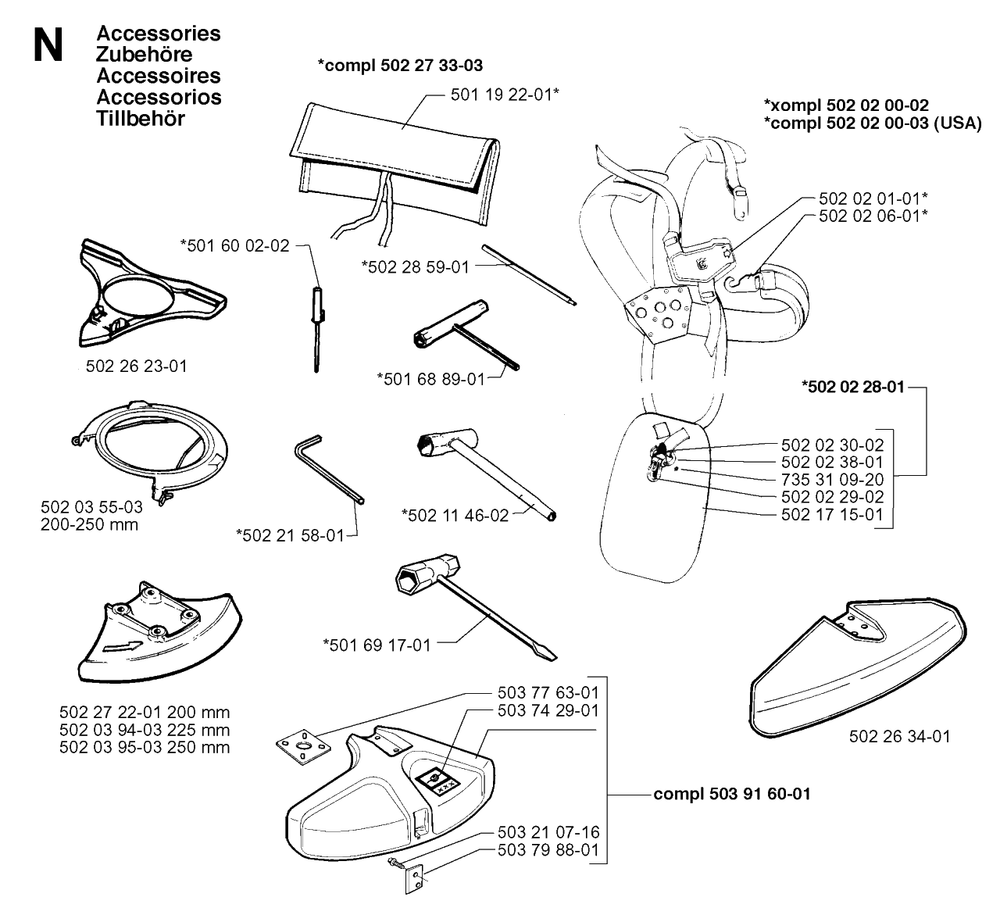 Accessories Diagram and Parts List for 250RX 19973100001 & Above Husqvarna Trimmer