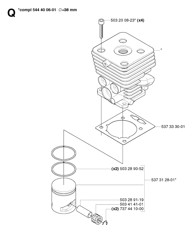 Cylinder Piston Diagram and Parts List for 335RX 20064000001-20070100000 Husqvarna Brush Cutter
