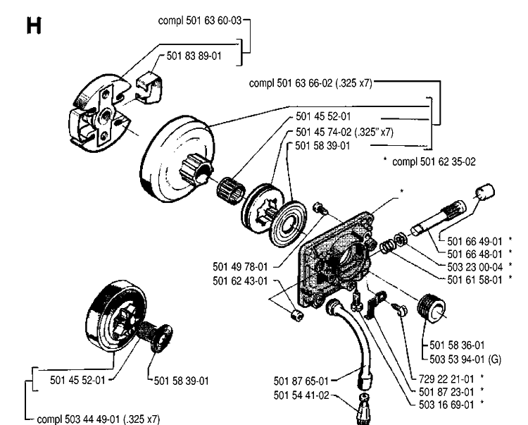 Clutch And Oil Pump Diagram and Parts List for 242 19900100001-19941400000 Husqvarna Chainsaw