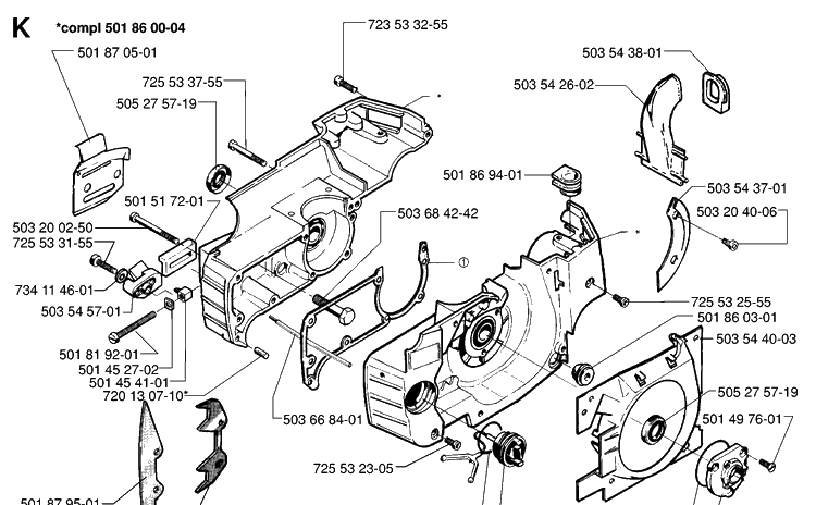 Crankcase Diagram and Parts List for 254 19960100001-19980900000 Husqvarna Chainsaw