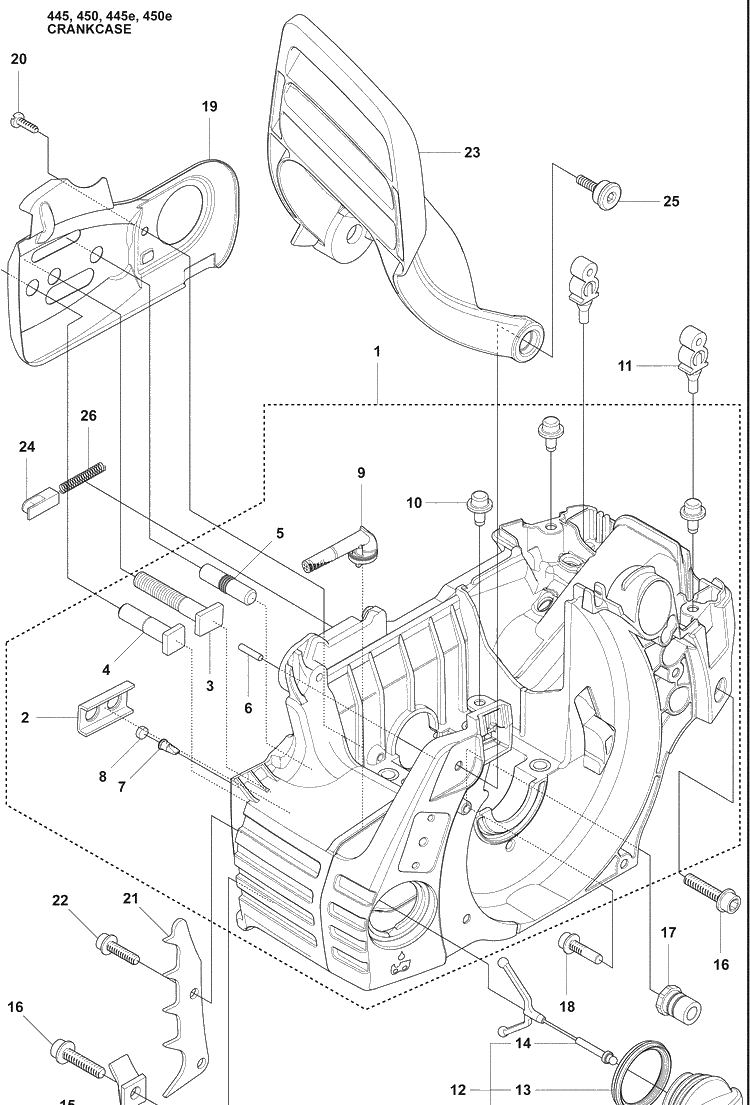 Crankcase Diagram and Parts List for 450E 2009-02 Husqvarna Chainsaw