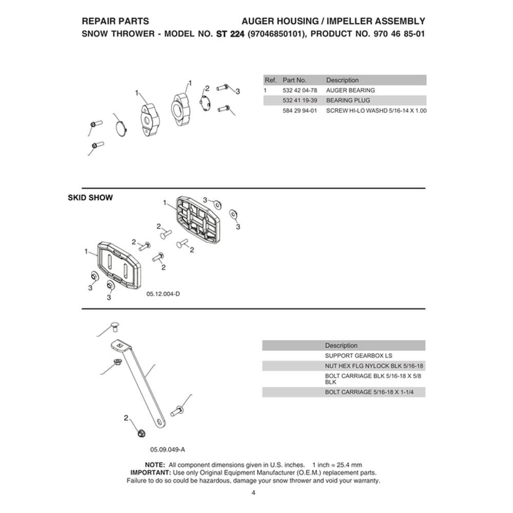 Skid Show Diagram and Parts List for 970528602  Husqvarna Snow Blower