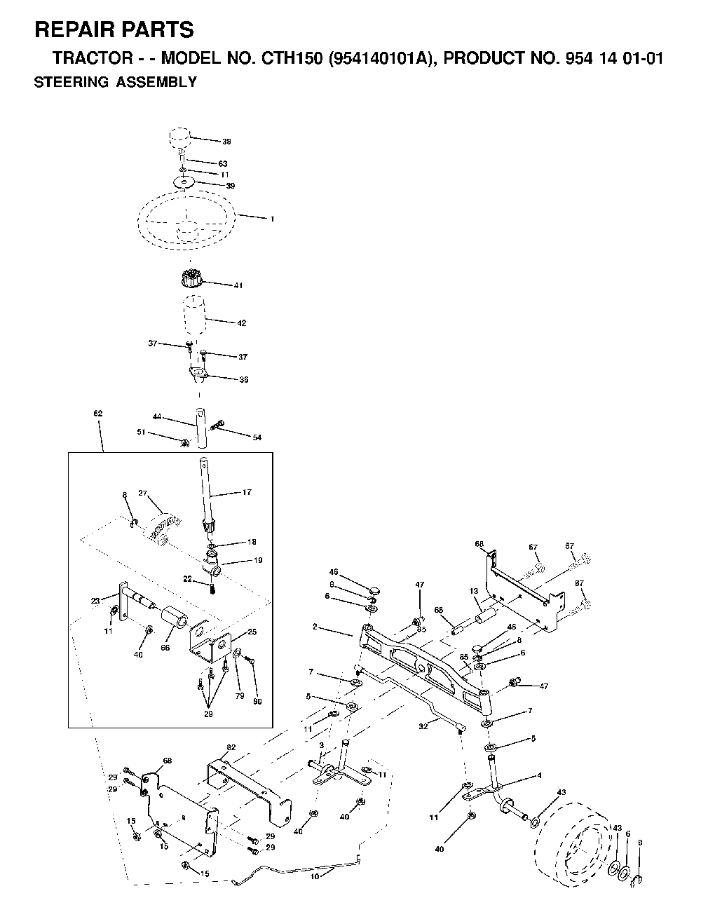Steering Diagram and Parts List for CTH150 (954140101A)(1999-10) Husqvarna Lawn Tractor