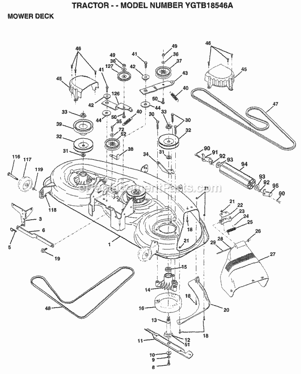 Mower Deck Diagram and Parts List for YGTB18546A 1999 Husqvarna Lawn Tractor