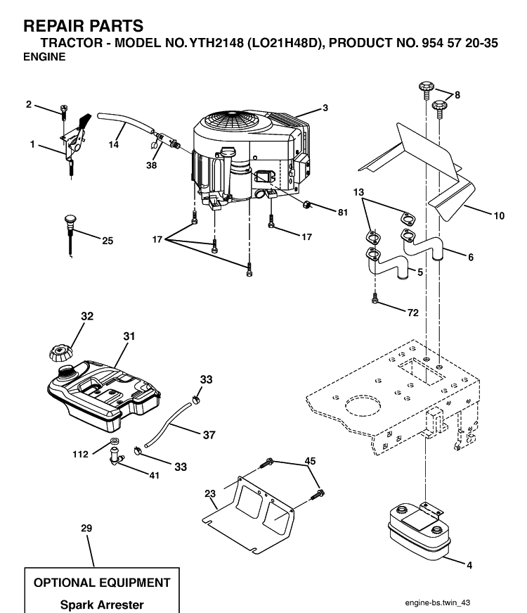 Engine Diagram and Parts List for YTH2148-LO21H48D 2004-03 Husqvarna Lawn Tractor