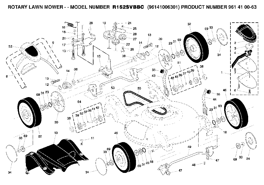 Product Complete Diagram and Parts List for R152SVH-BBC (96141006301, 961410063)(2008-02) Husqvarna Lawn Mower