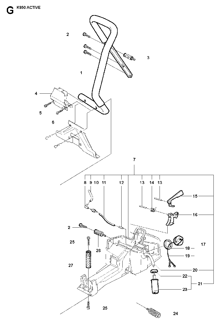 Fuel Tank And Handle Diagram and Parts List for K950 2007-01 Husqvarna Circular Saw