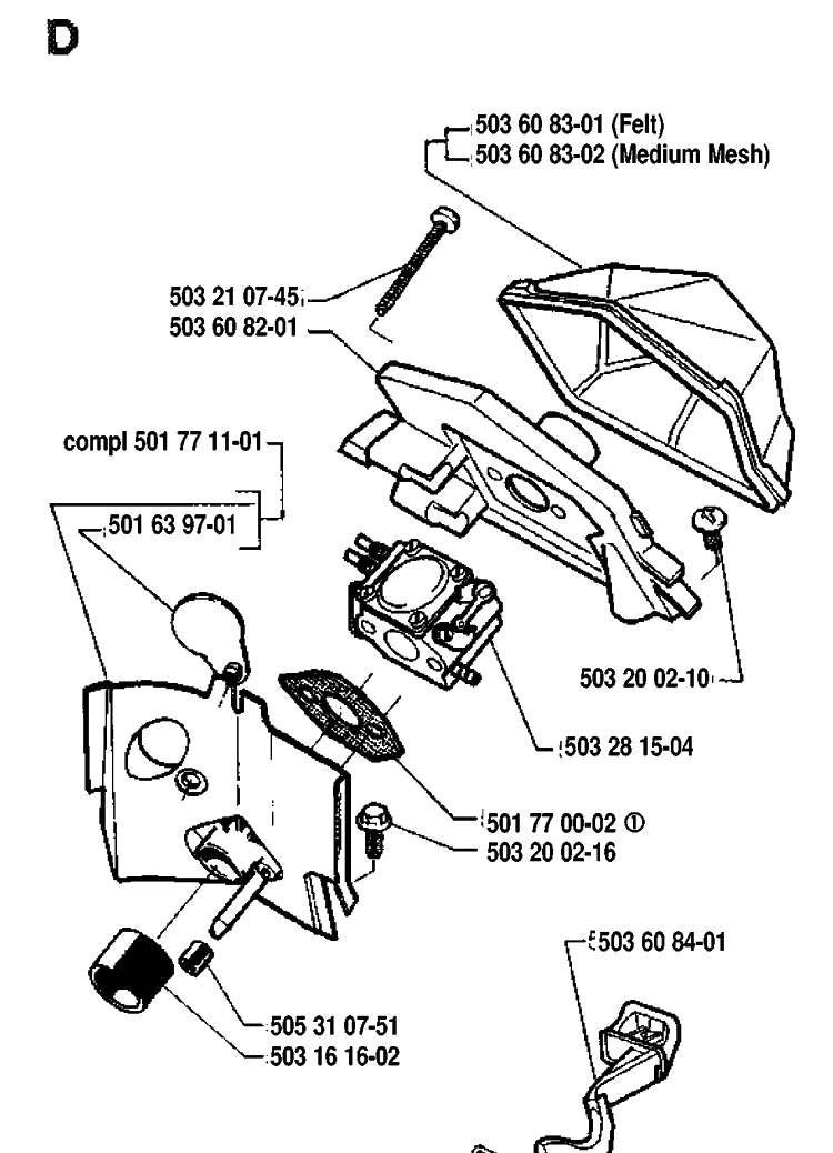 Carburetor And Air Filter Diagram and Parts List for 55 19914000001-19942300000 Husqvarna Chainsaw