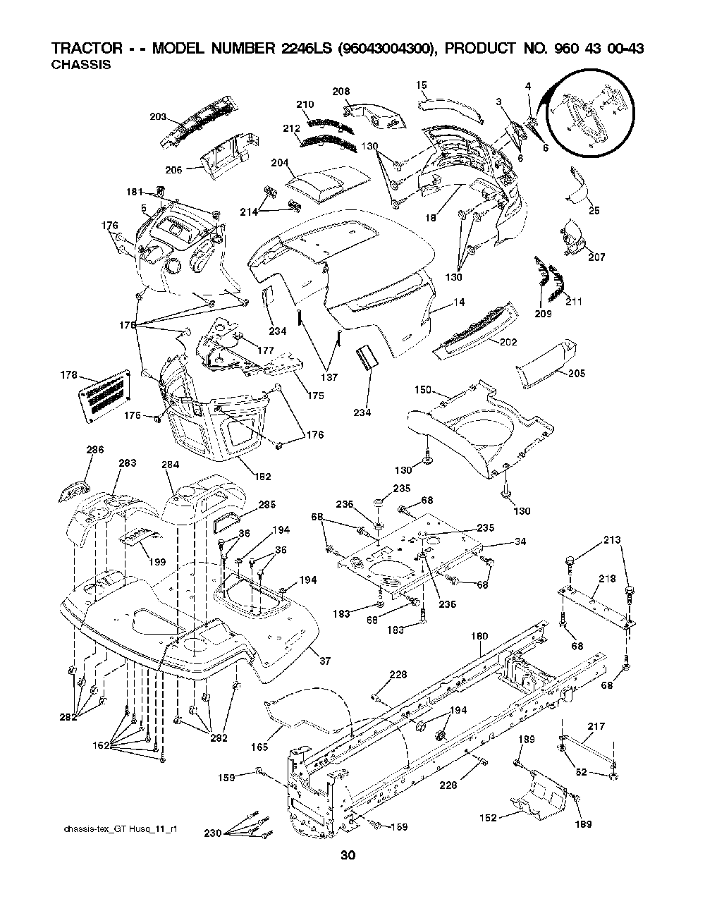 Chassis / Frame Diagram and Parts List for 2246LS (96043004300)(2008-01) Husqvarna Lawn Tractor
