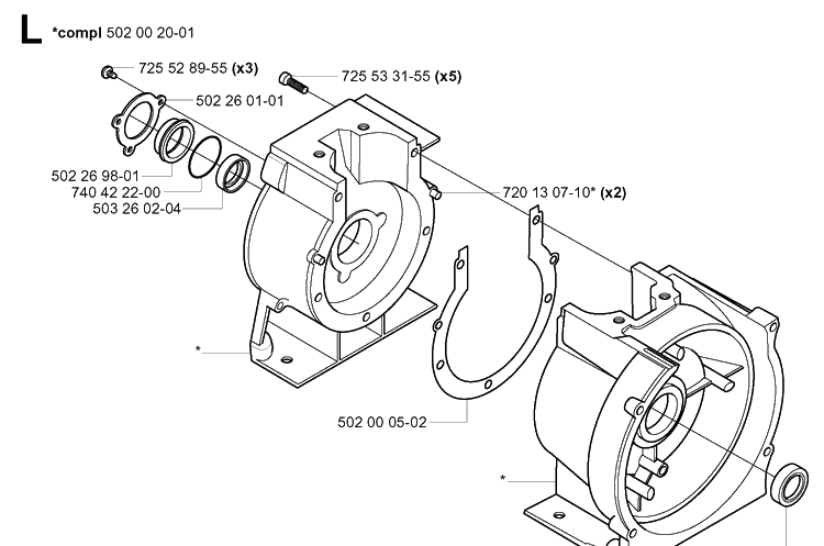 Crankcase Diagram and Parts List for 265RX 20012600001-20023100000 Husqvarna Brush Cutter