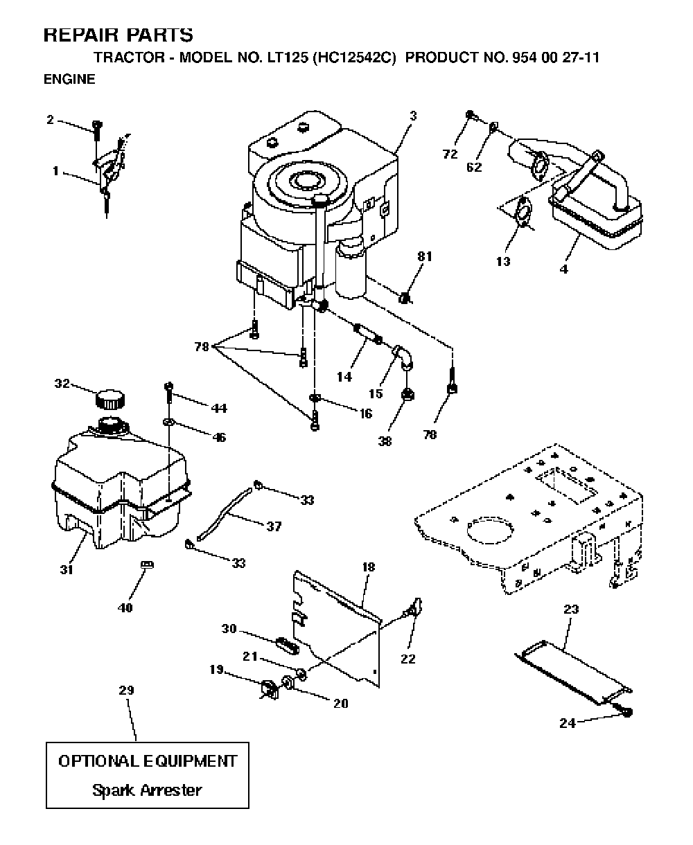 Engine Diagram and Parts List for LT125 (HC12542C, 954002711)(1996-04) Husqvarna Lawn Tractor