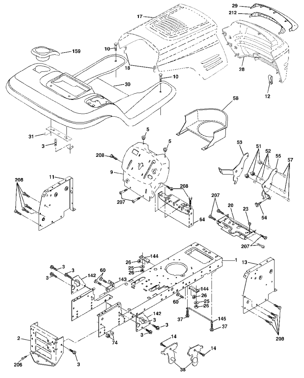 Chassis And Enclosures Diagram and Parts List for YTH1542XP (954567253-E)(2002-02) Husqvarna Lawn Tractor