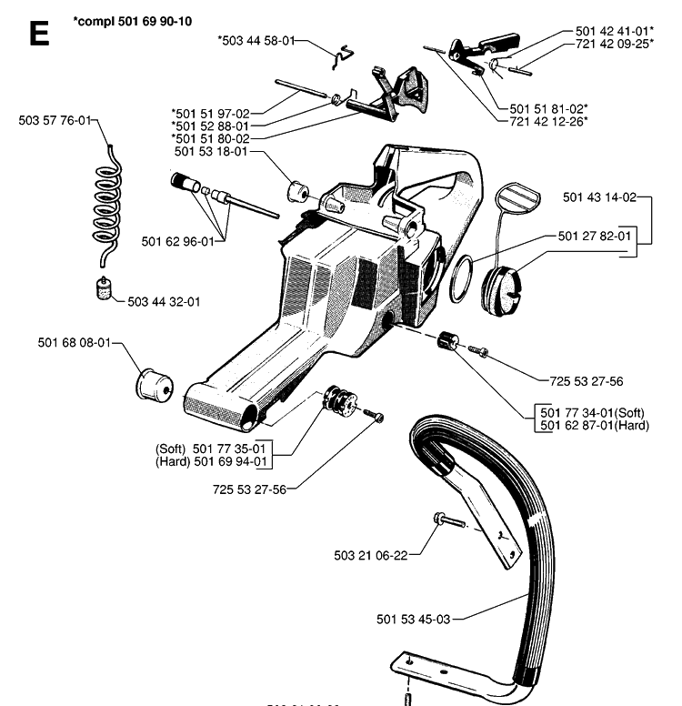 Fuel Tank And Handle Diagram and Parts List for 268 19970100001-19994500000 Husqvarna Chainsaw