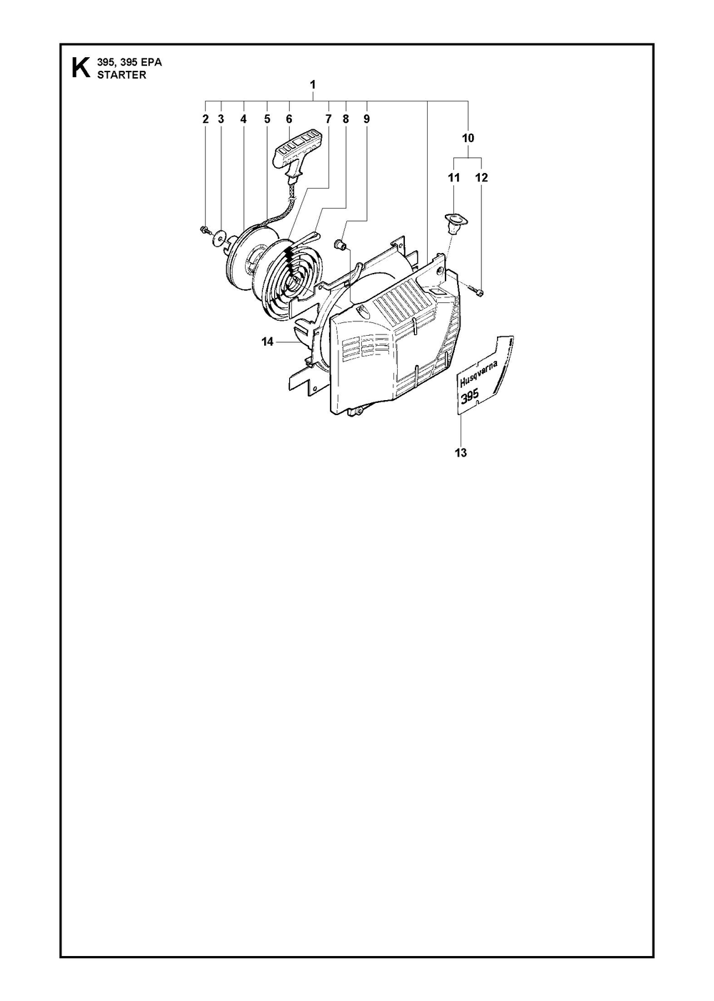 Starter Diagram and Parts List for 395XP-395XPG 395 XP W - 395 XP GW Husqvarna Chainsaw