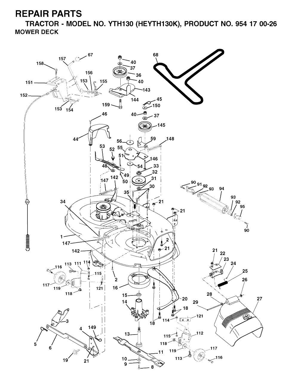 Mower Deck / Cutting Deck Diagram and Parts List for YTH130 (954170026-K)(2001-01) Husqvarna Lawn Tractor