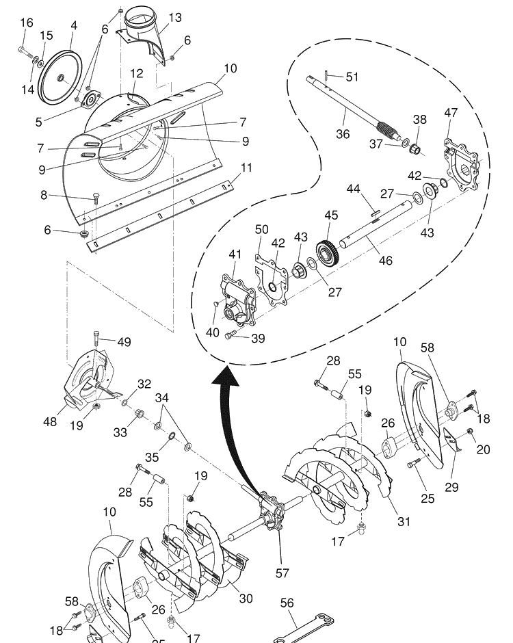Auger Housing / Impeller Assembly Diagram and Parts List for 924SBE (96193002202)(2007-10) Husqvarna Snow Blower