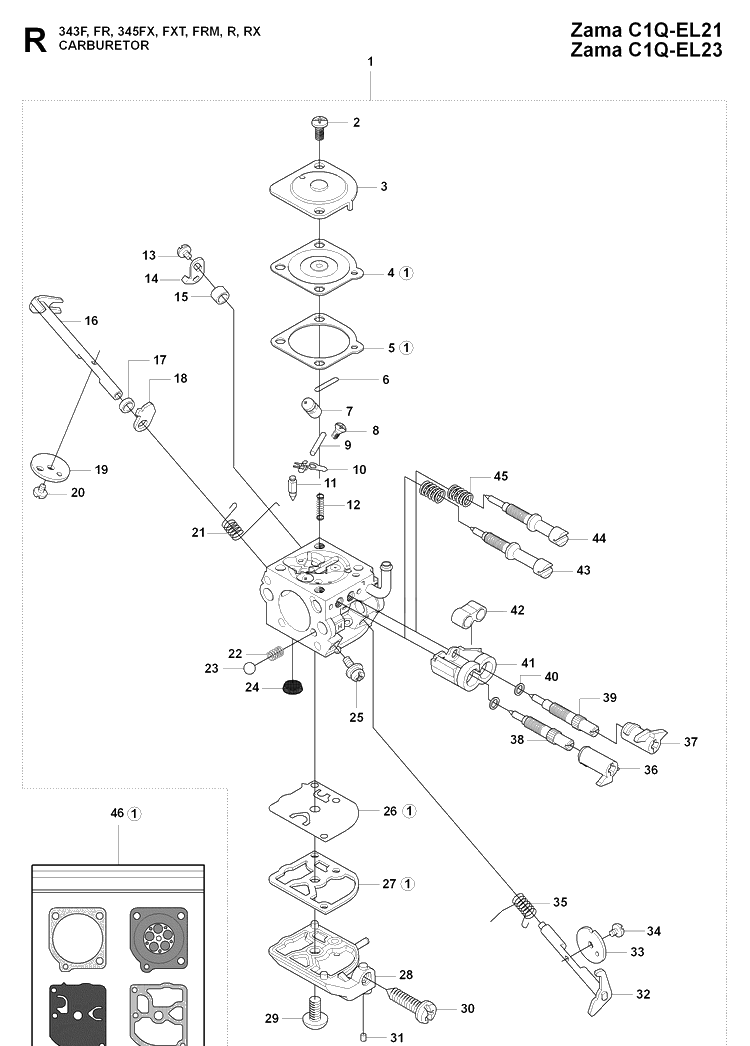 Carburetor Details Diagram and Parts List for 343FRM  Husqvarna Brush Cutter