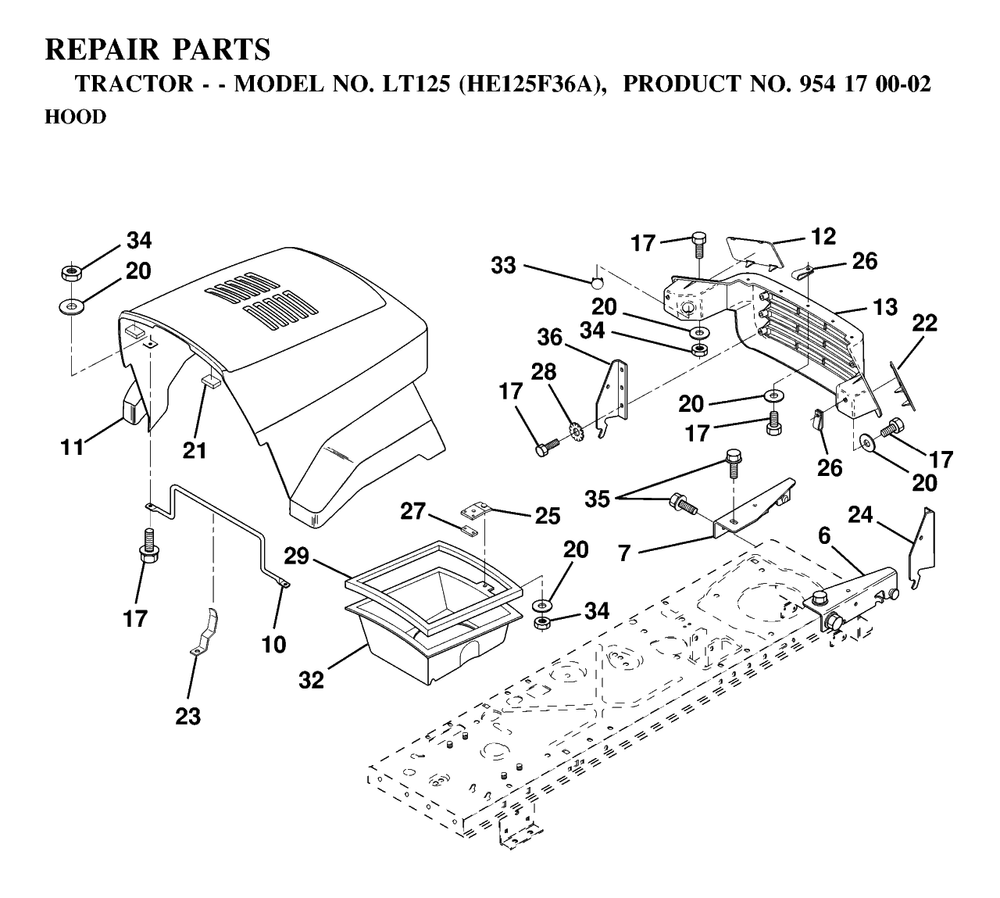 Hood Diagram and Parts List for LT125 (954170002-A)(1997-03) Husqvarna Lawn Tractor