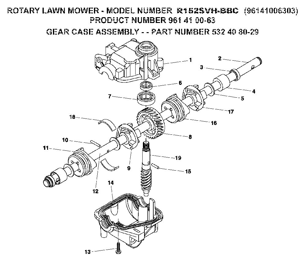 Gear Case Diagram and Parts List for R152SVH-BBC (96141006303, 961410063)(2008-02) Husqvarna Lawn Mower