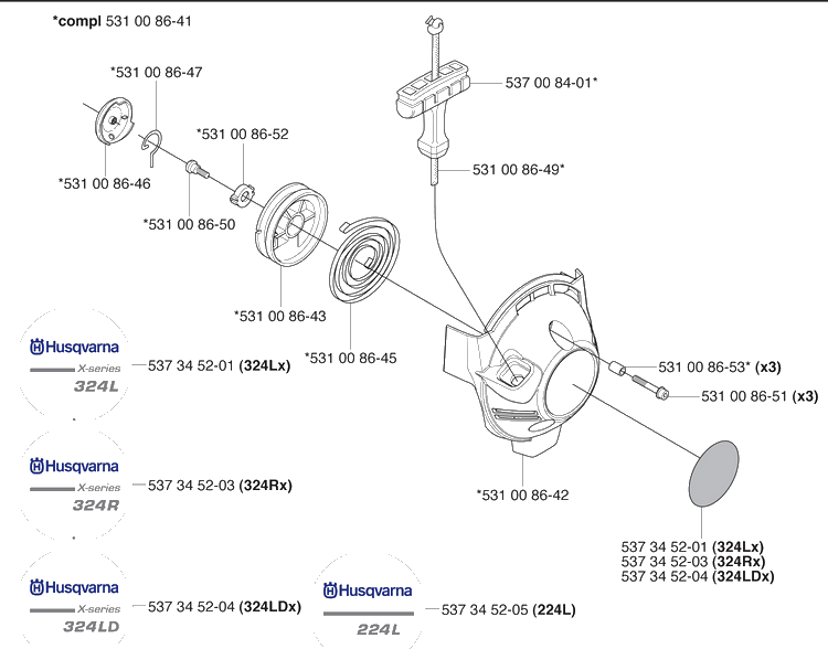 Starter Diagram and Parts List for 324RX 2009-06 Husqvarna Brush Cutter