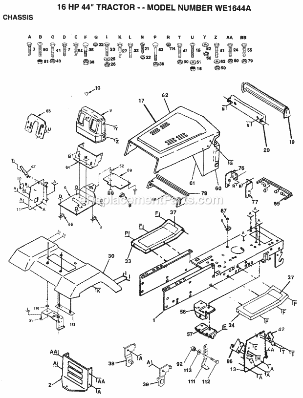 Chassis Diagram and Parts List for WE1644A 1994 Husqvarna Lawn Tractor