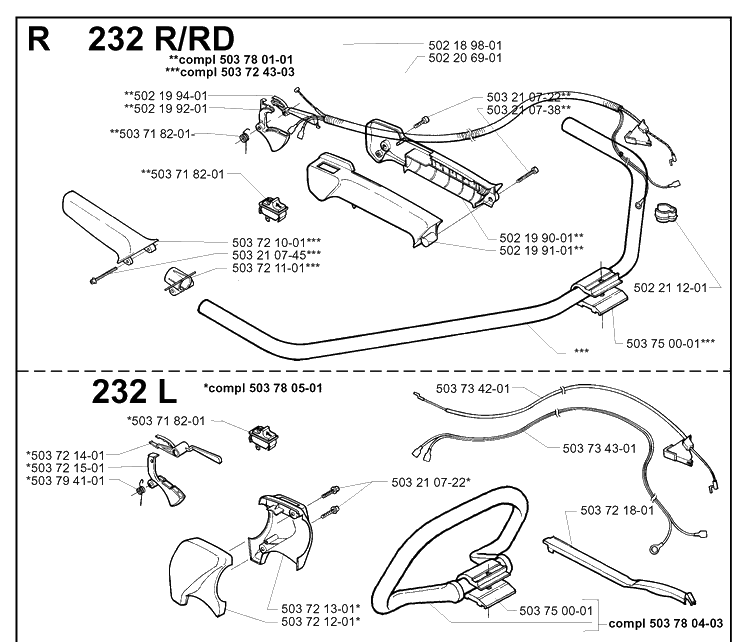 Handle And Controls Diagram and Parts List for 232L 19980100001-20001400000 Husqvarna Edger