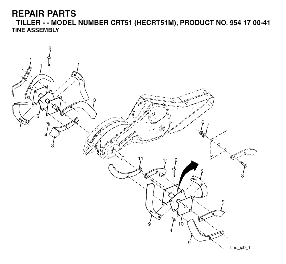 Tine Assembly Diagram and Parts List for CRT51 (954170041-M)(2003-09) Husqvarna Tiller