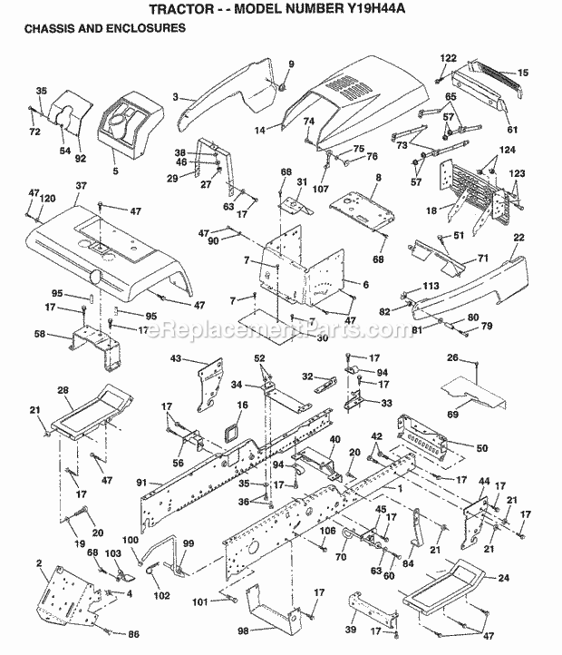 Chassis And Enclosures Diagram and Parts List for Y19H44A 1995 Husqvarna Lawn Tractor