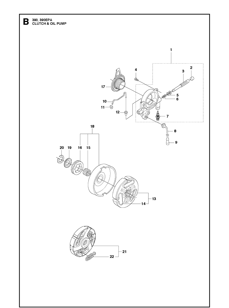 Clutch And Oil Pump Diagram and Parts List for 390XP/ (XPGXPW - 390 EPA)(20111800001-Current) Husqvarna Chainsaw