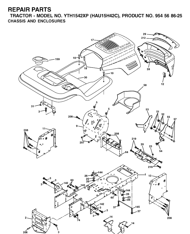 Chassis And Enclosures Diagram and Parts List for YTH1542XP (HAU15H42C)(2003-01) Husqvarna Lawn Tractor