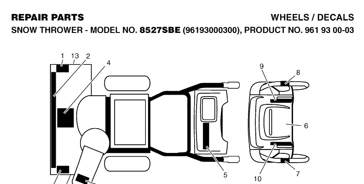 Decals Diagram and Parts List for 8527SBE (927SBE)(2006-05) Husqvarna Snow Blower