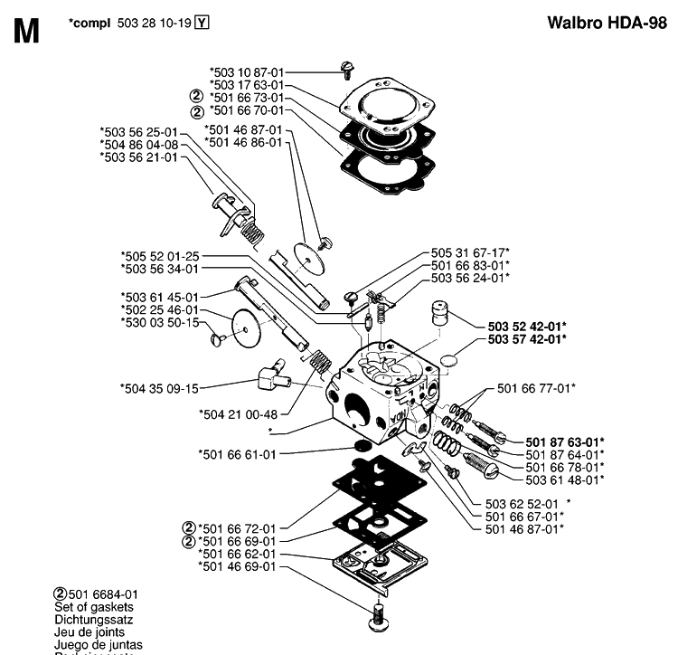 Carburetor Details Diagram and Parts List for 242 19981800001-20013500000 Husqvarna Chainsaw