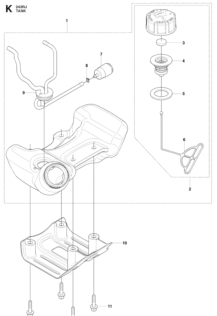 Fuel Tank 2 Diagram and Parts List for 243RJ 20090900001-20113200000 Husqvarna Brush Cutter