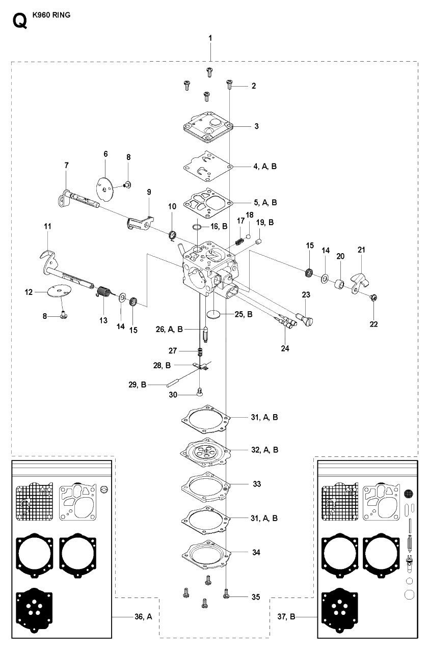 Carburetor Details Diagram and Parts List for K960 2008-03 Husqvarna Circular Saw