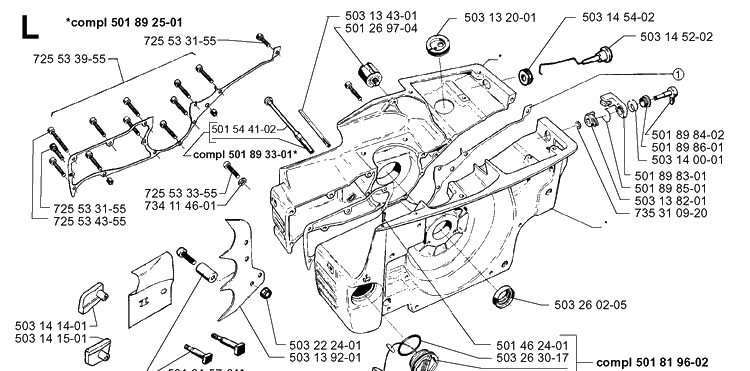 Crankcase Diagram and Parts List for 3120 19960100001-19980900000 Husqvarna Chainsaw