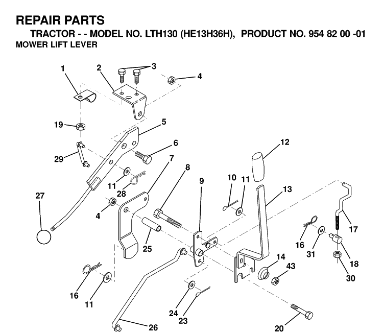 Mower Lift Lever Diagram and Parts List for LTH130 (HE13H36H)(2000-02) Husqvarna Lawn Tractor