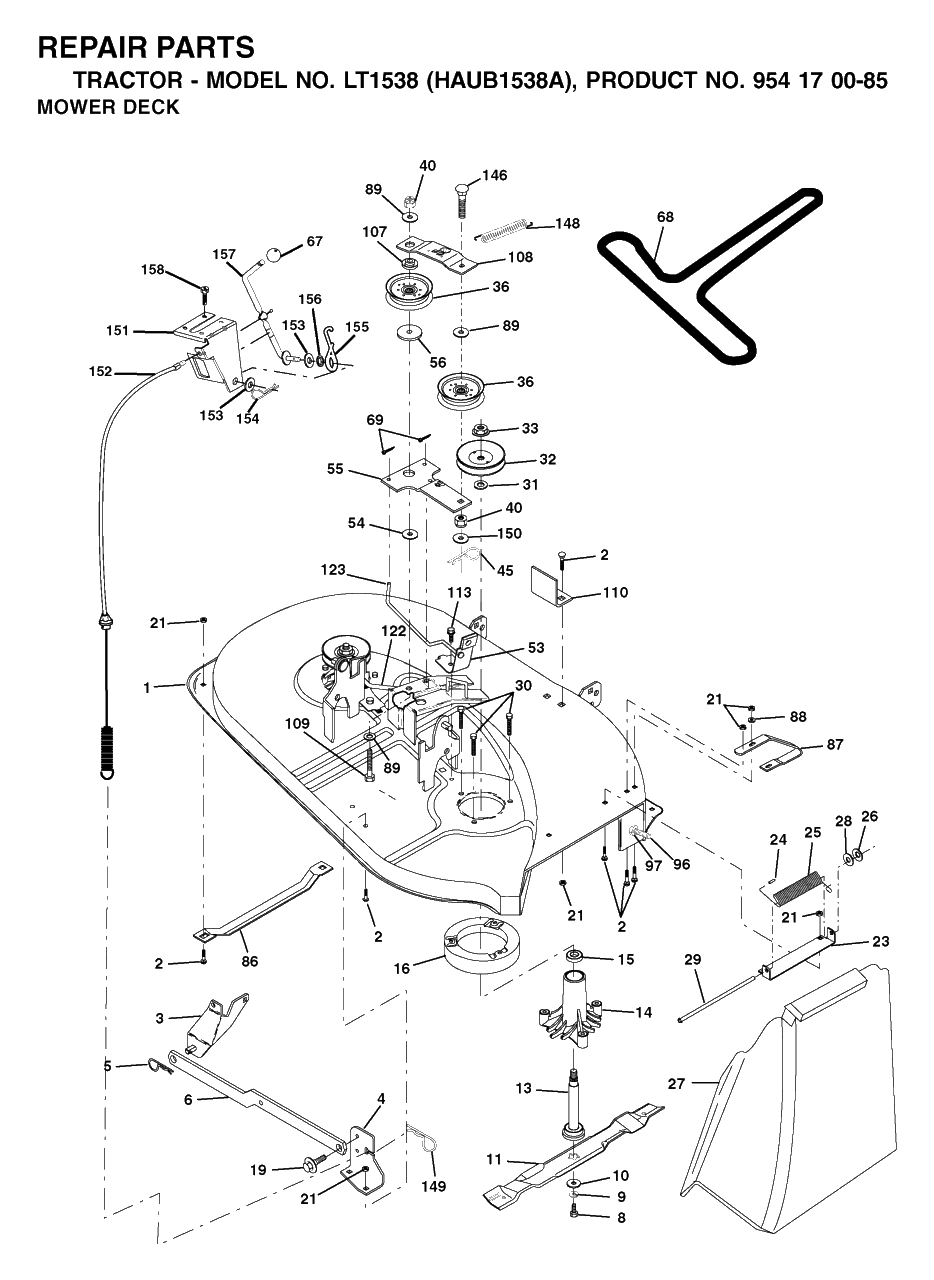 Mower Deck / Cutting Deck Diagram and Parts List for LT1538 (954170085-A)(2003-01) Husqvarna Lawn Tractor
